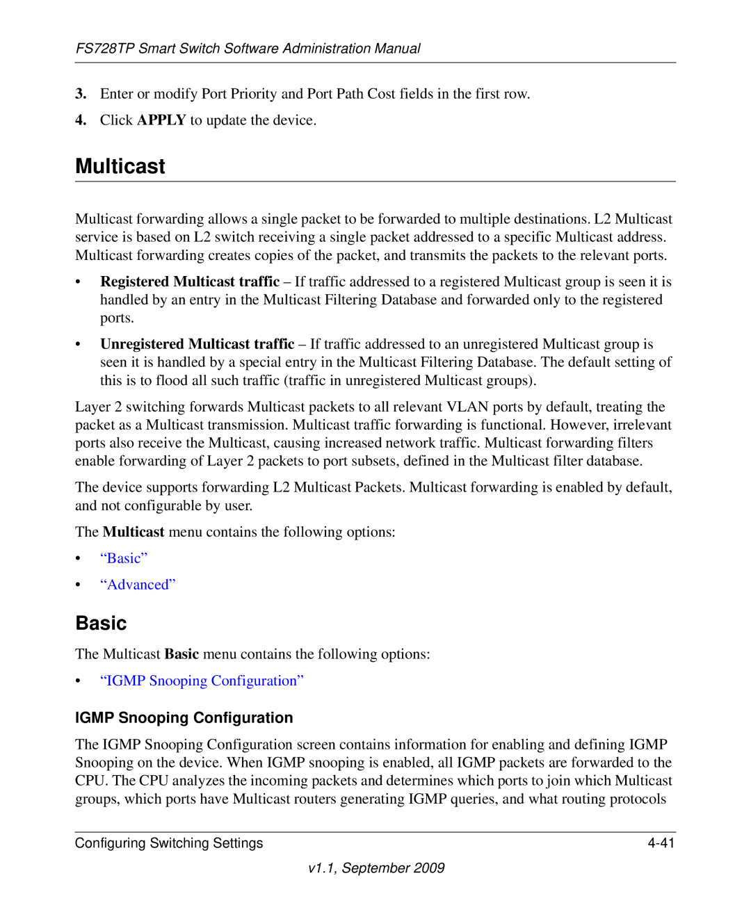 NETGEAR FS728TP manual Multicast, Igmp Snooping Configuration 