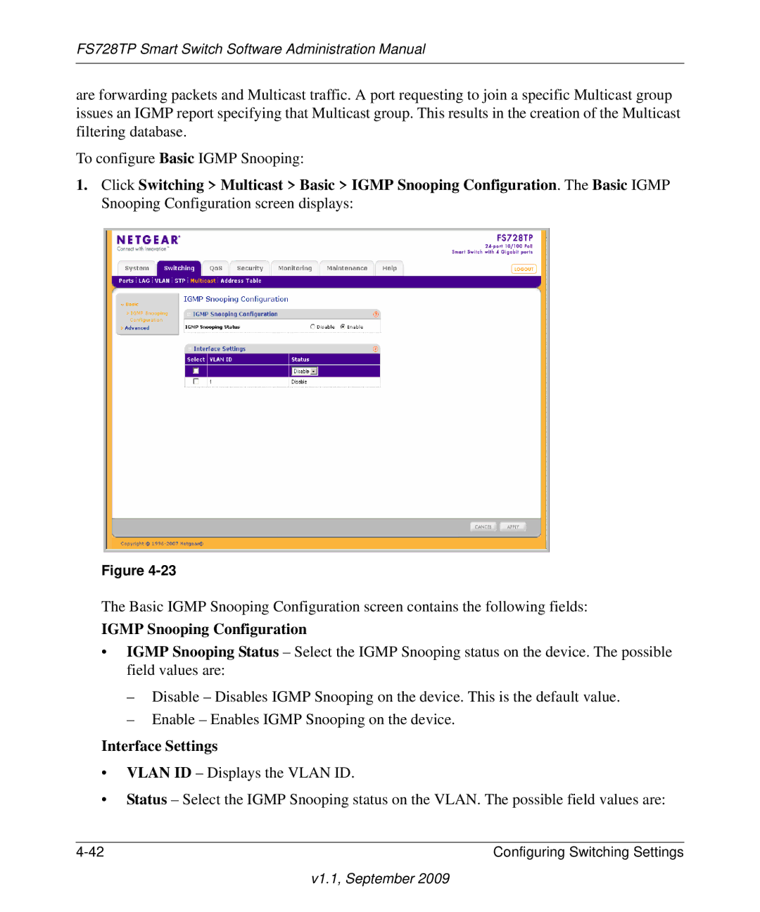 NETGEAR FS728TP manual Igmp Snooping Configuration, Interface Settings 