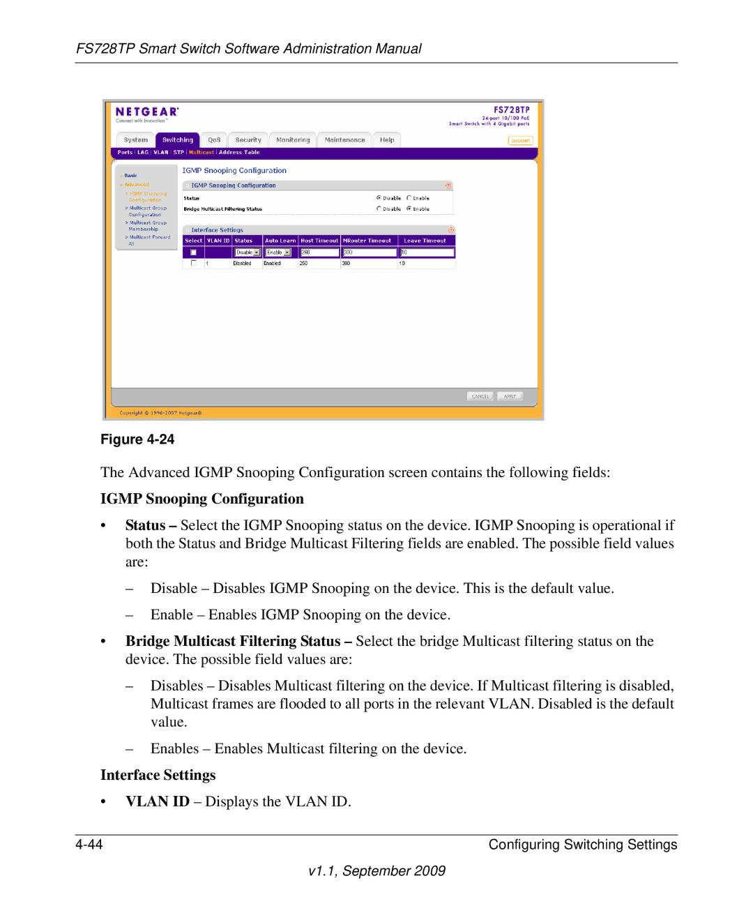 NETGEAR FS728TP manual Vlan ID Displays the Vlan ID 