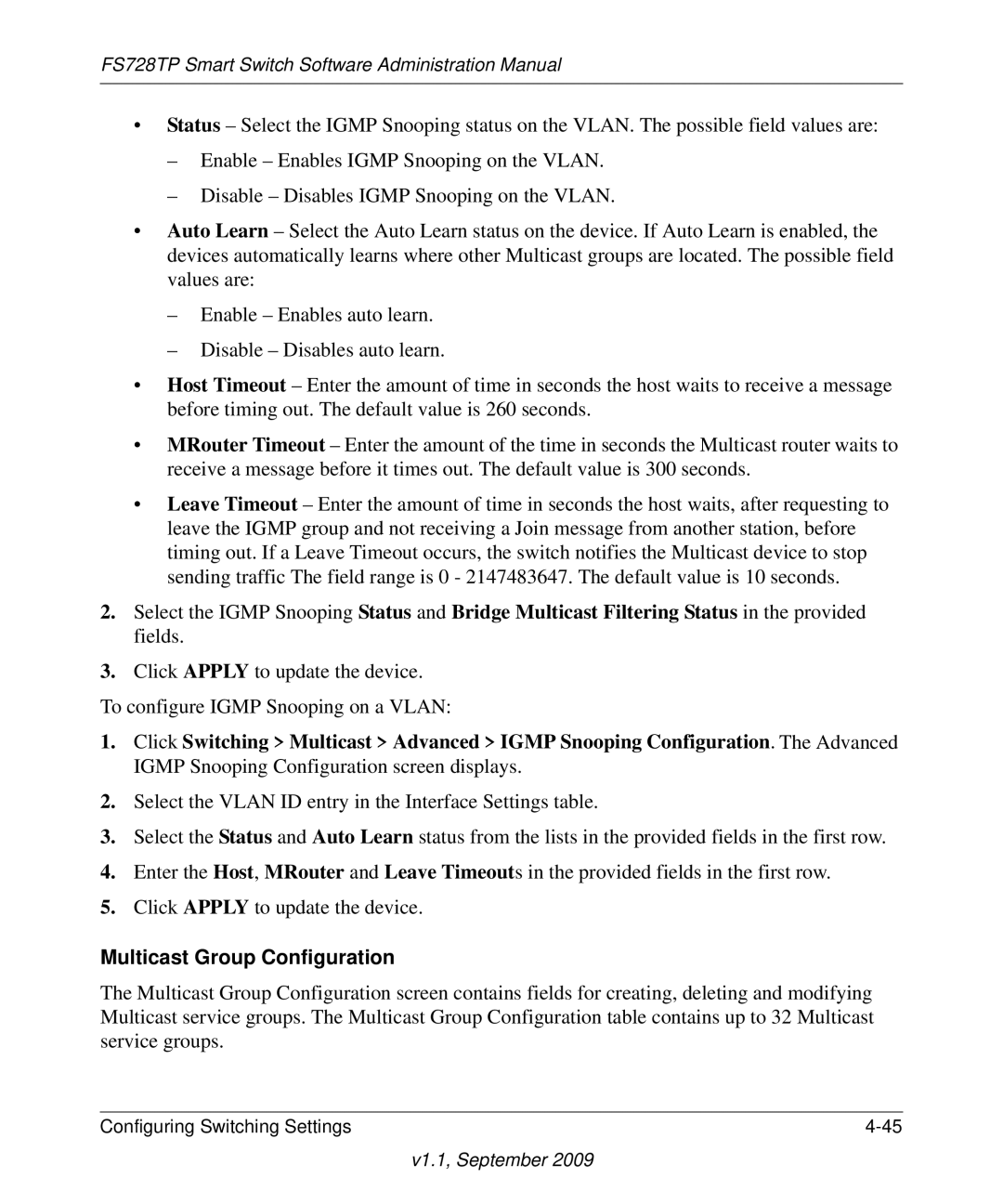 NETGEAR FS728TP manual Multicast Group Configuration 