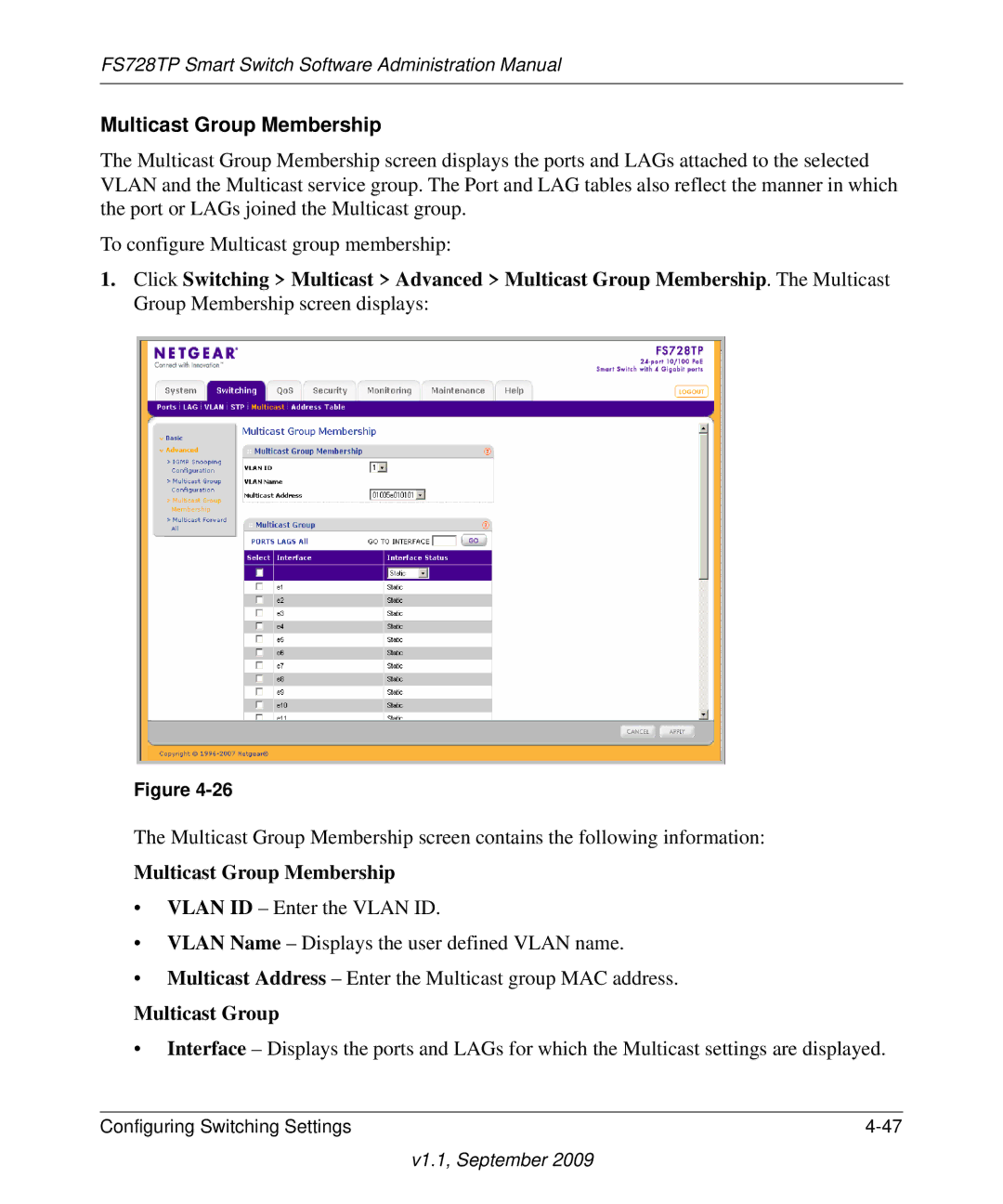 NETGEAR FS728TP manual Multicast Group Membership 