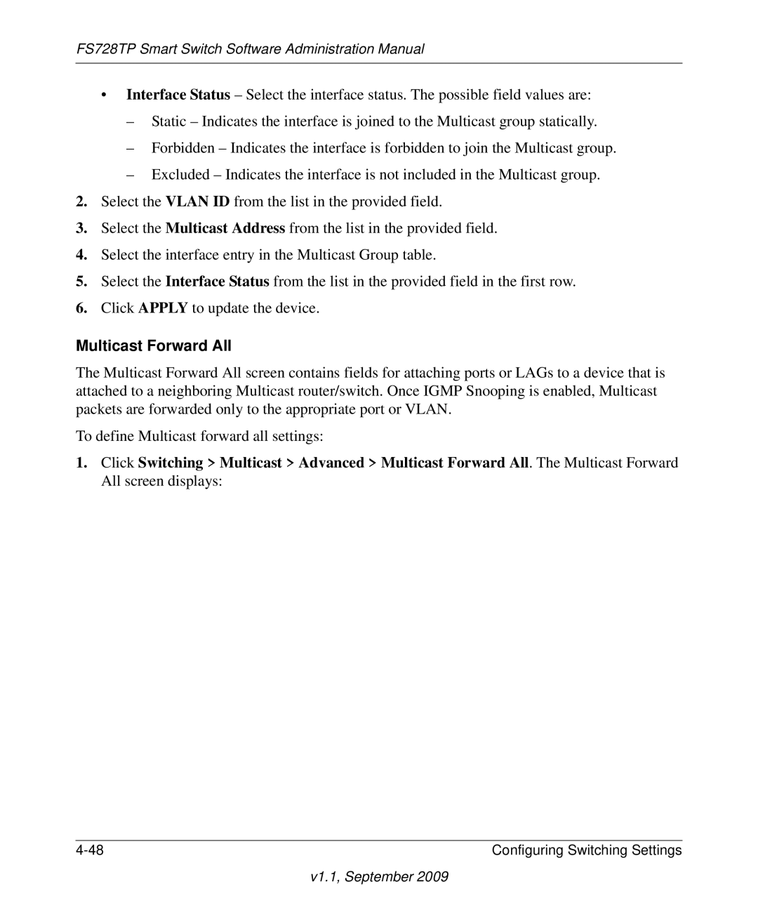 NETGEAR FS728TP manual Multicast Forward All 