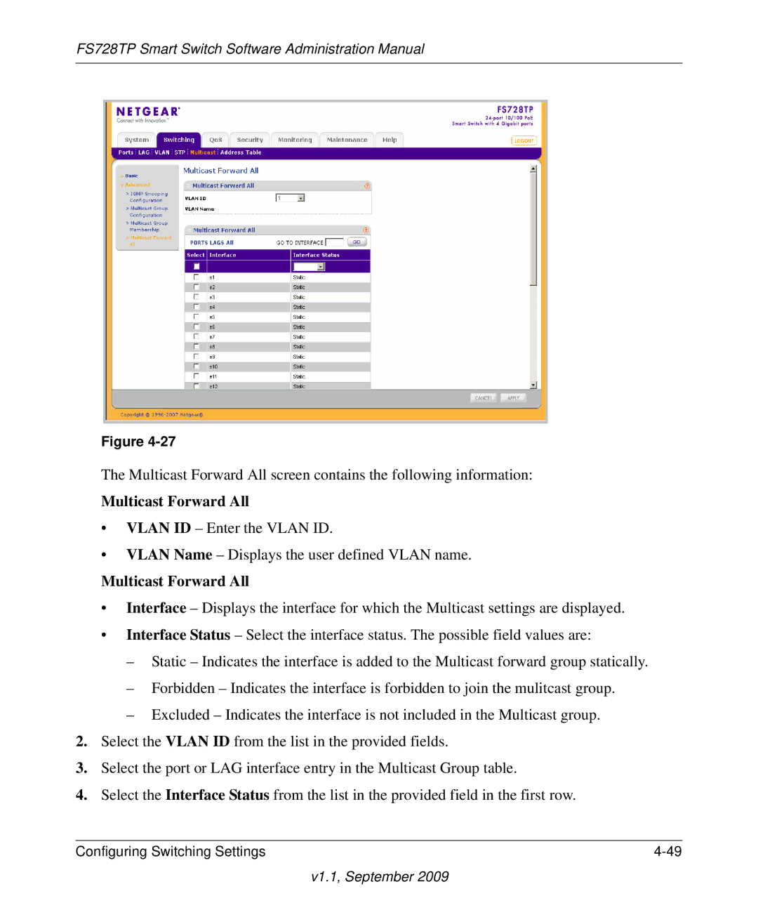 NETGEAR FS728TP manual Multicast Forward All 