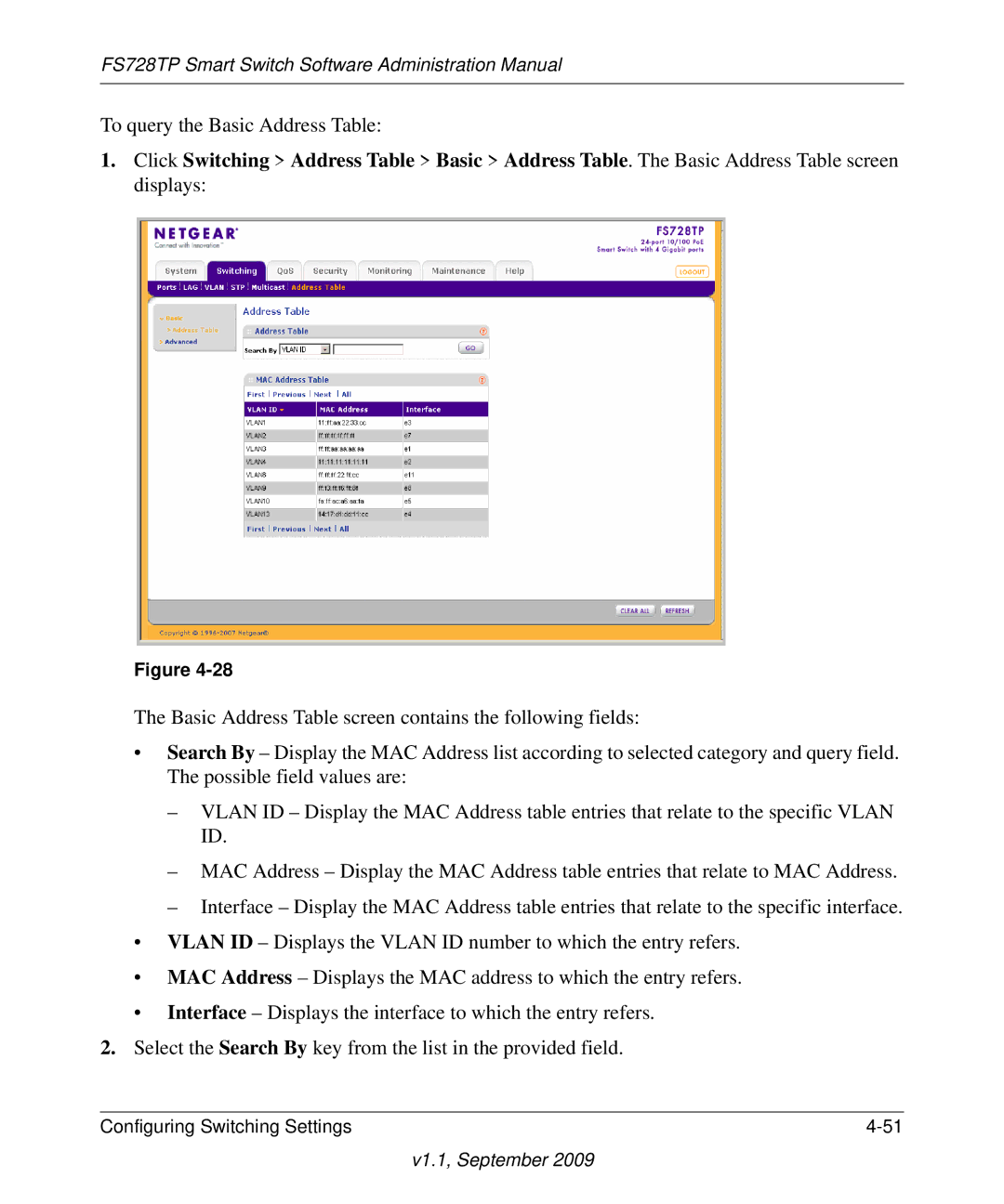 NETGEAR FS728TP manual To query the Basic Address Table 