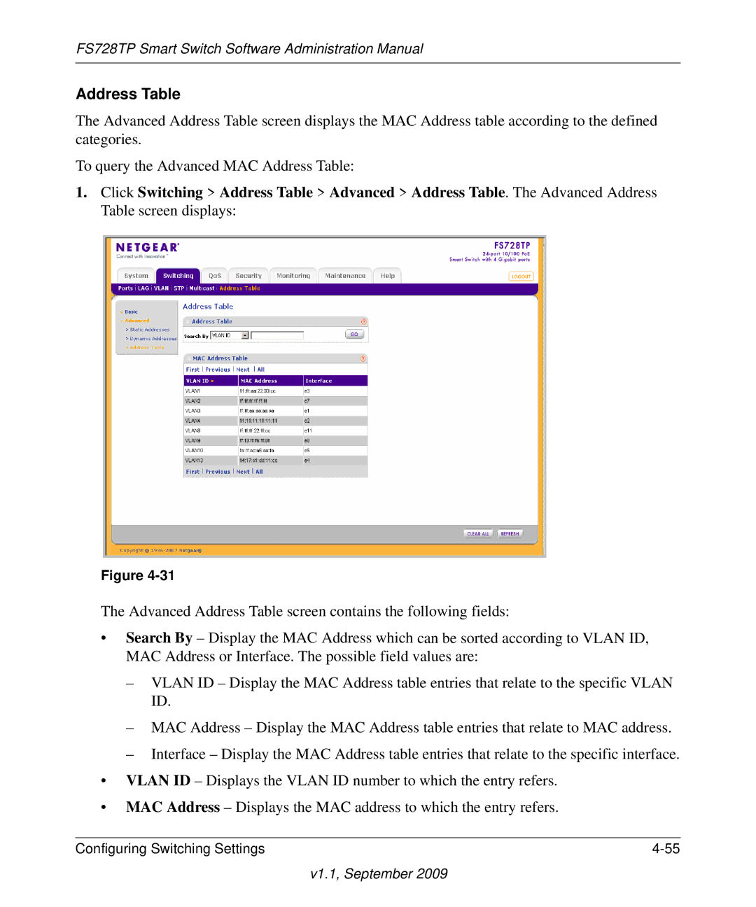 NETGEAR FS728TP manual Address Table 