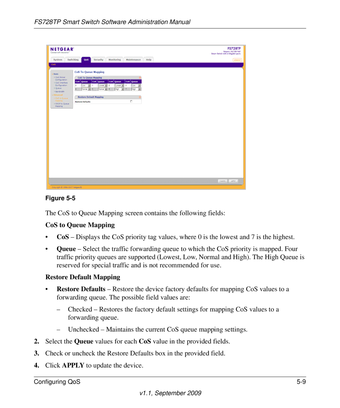 NETGEAR FS728TP manual CoS to Queue Mapping, Restore Default Mapping 