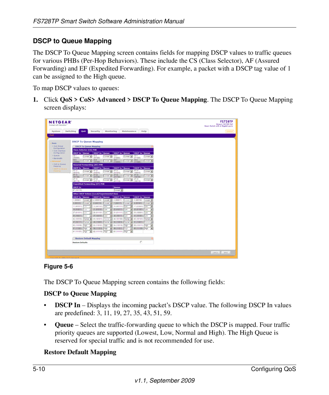 NETGEAR FS728TP manual Dscp to Queue Mapping 