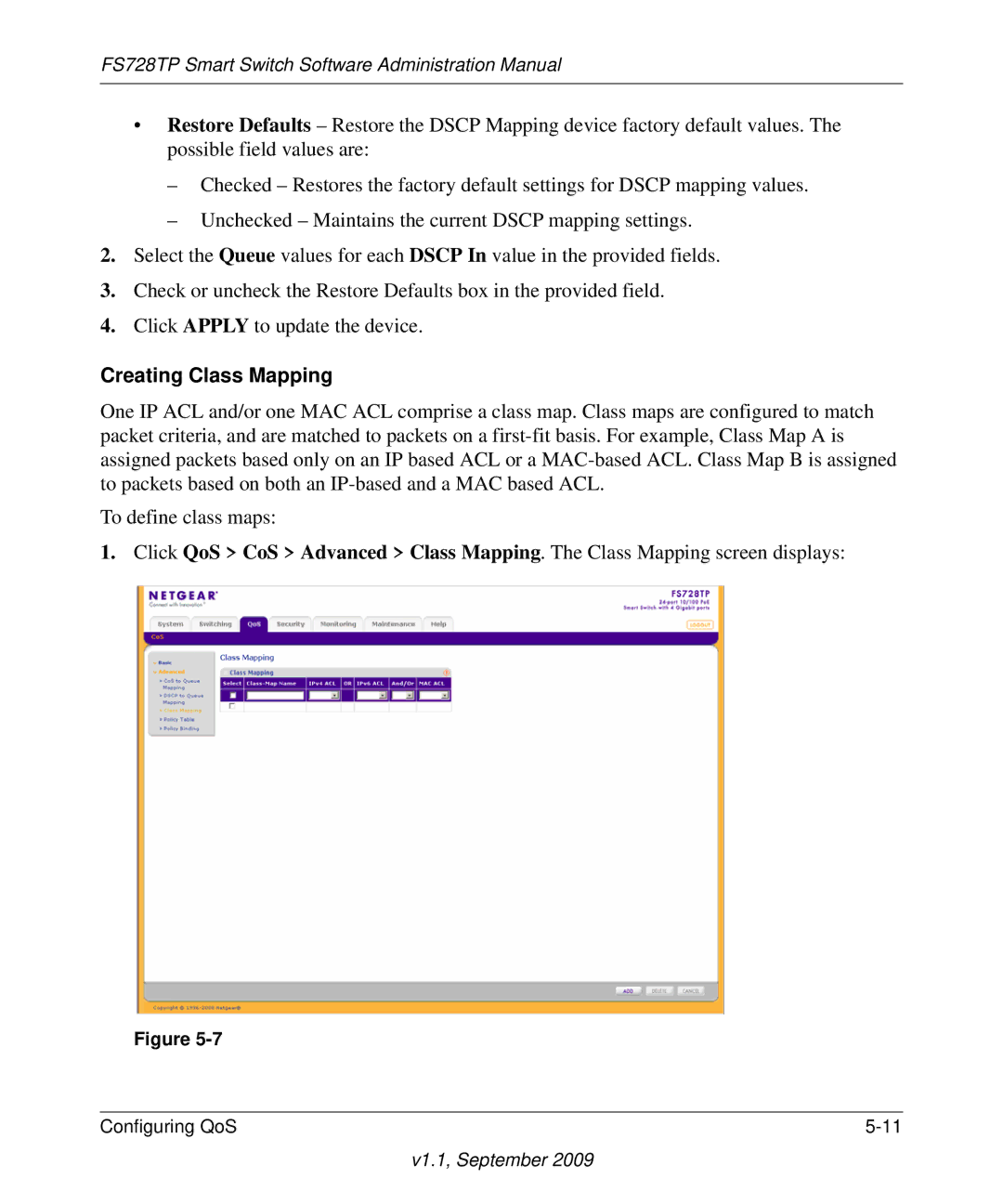 NETGEAR FS728TP manual Creating Class Mapping 