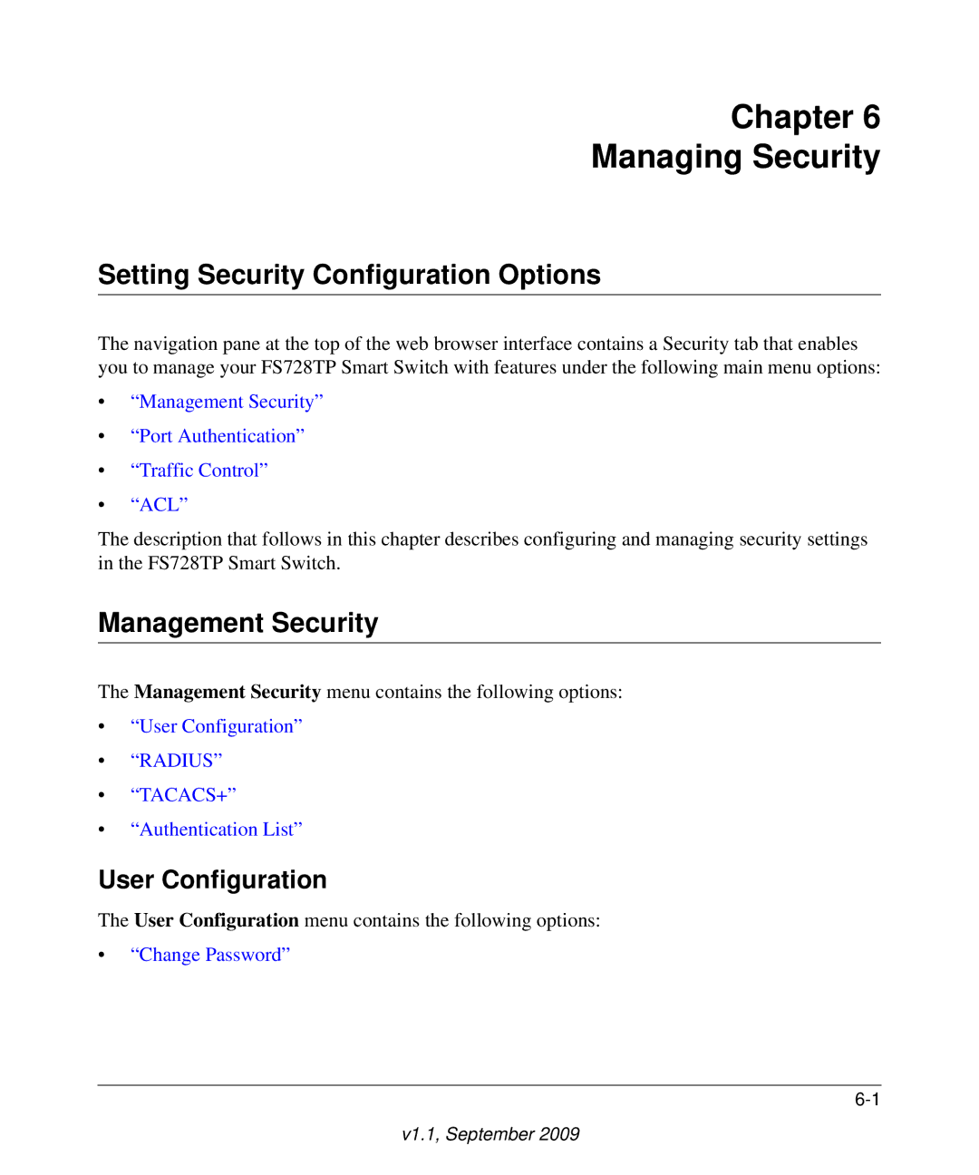 NETGEAR FS728TP manual Setting Security Configuration Options, Management Security, User Configuration 