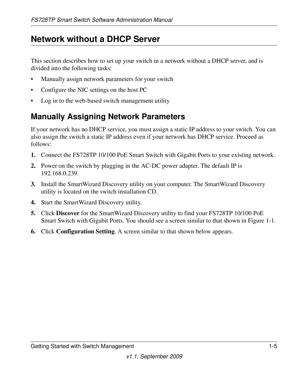 NETGEAR FS728TP manual Network without a Dhcp Server, Manually Assigning Network Parameters 