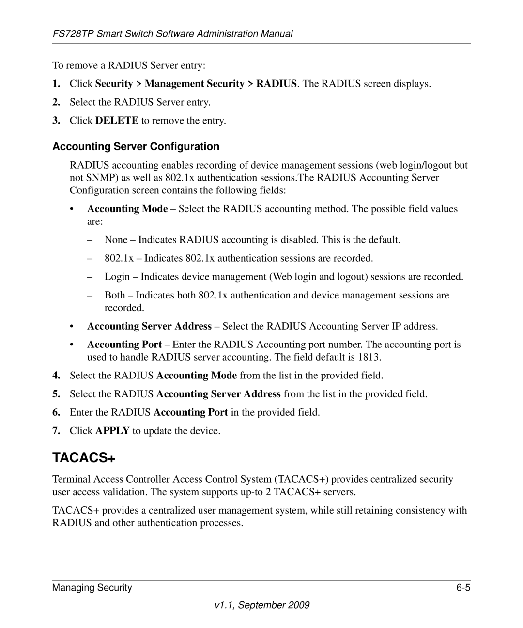 NETGEAR FS728TP manual Tacacs+, Accounting Server Configuration 