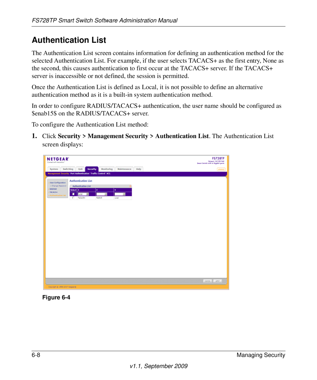 NETGEAR FS728TP manual Authentication List 