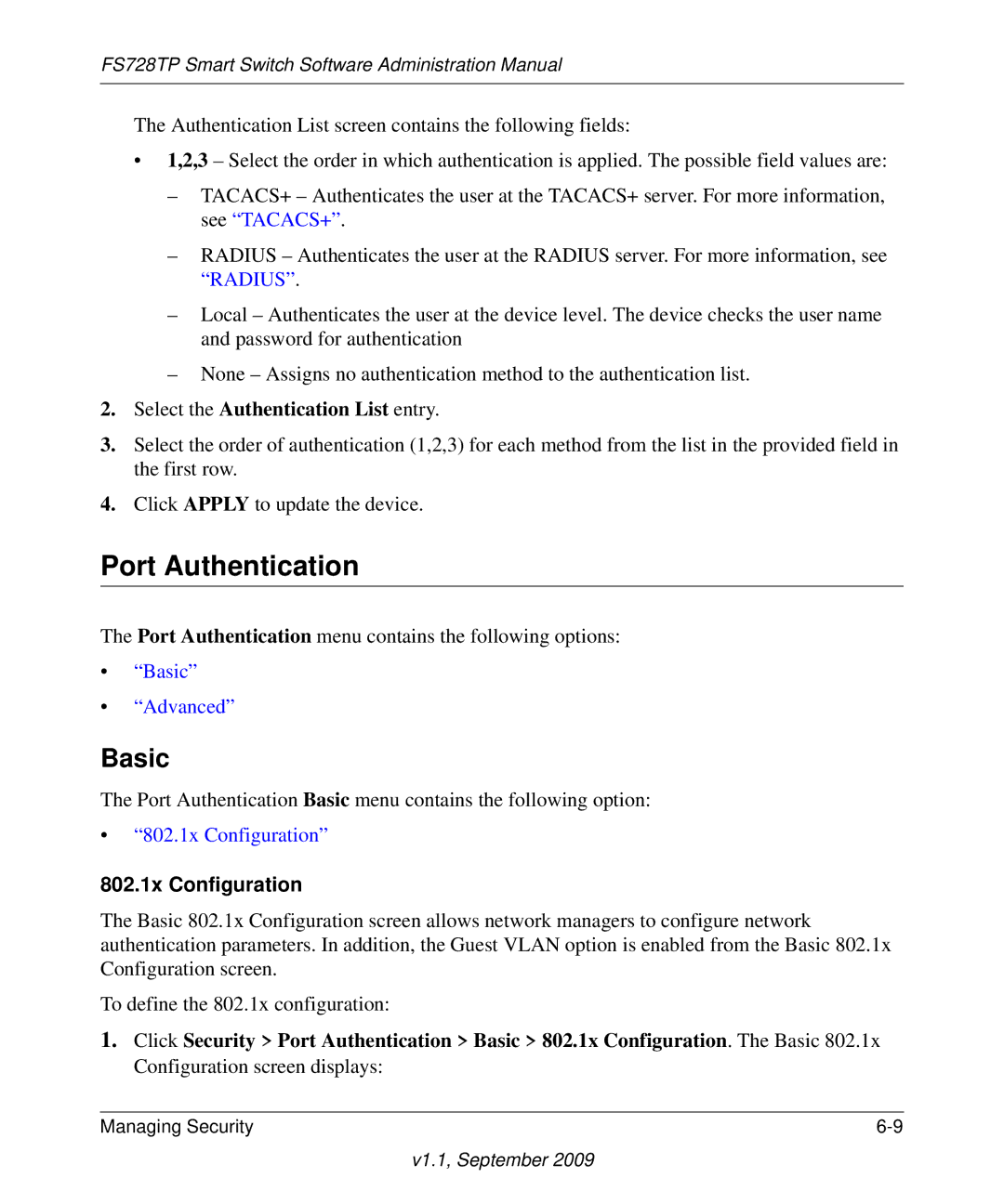 NETGEAR FS728TP manual Port Authentication, Select the Authentication List entry, 802.1x Configuration 