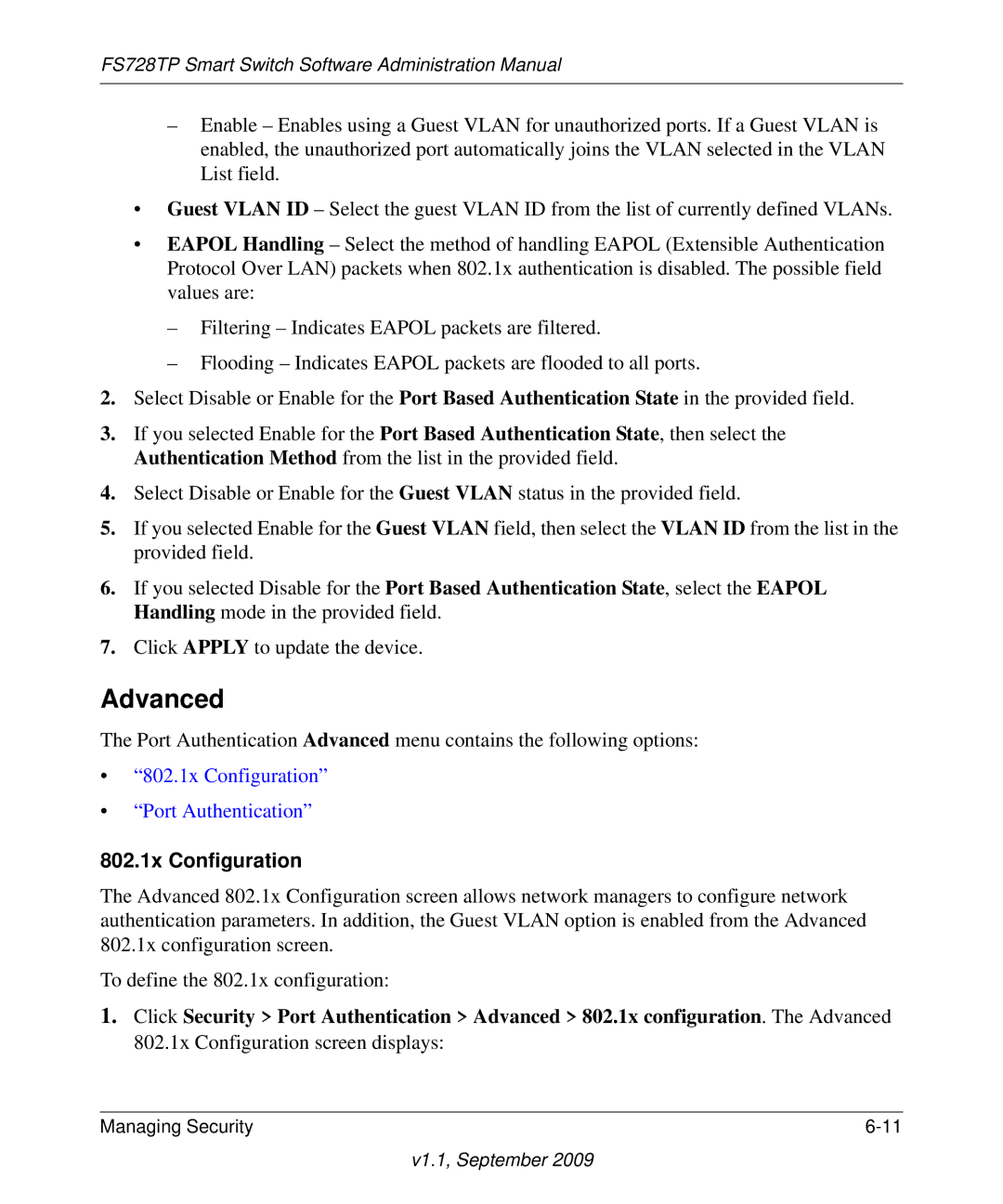 NETGEAR FS728TP manual 802.1x Configuration Port Authentication 