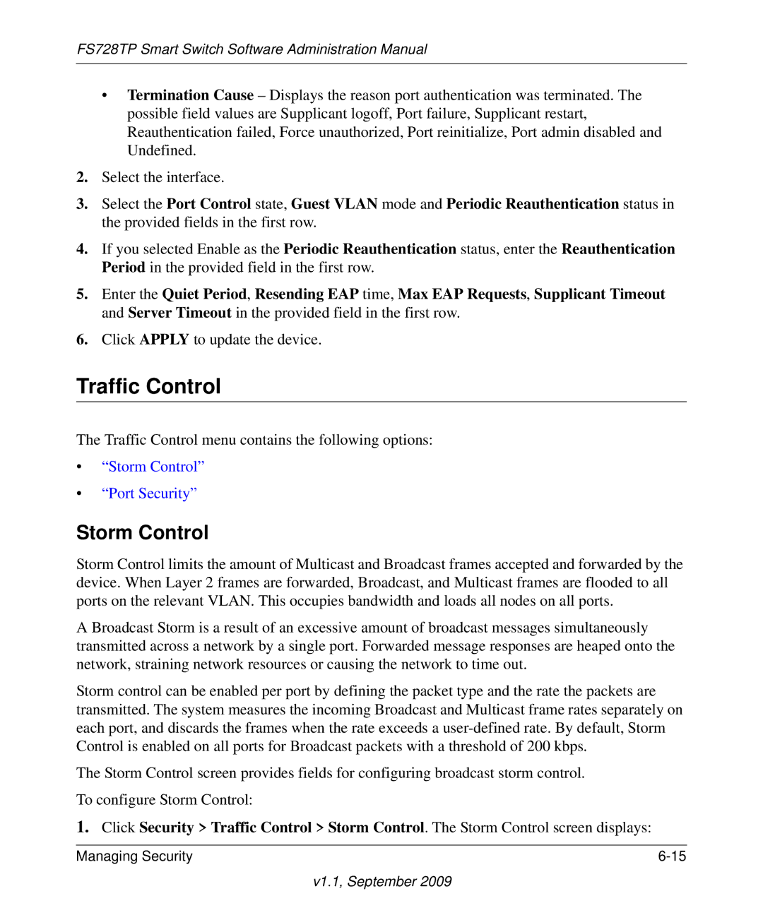 NETGEAR FS728TP manual Traffic Control, Storm Control 