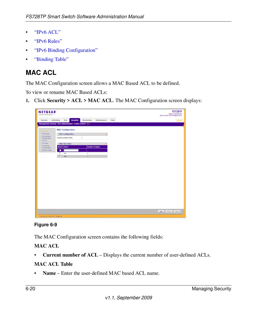 NETGEAR FS728TP manual Mac Acl, MAC ACL Table 