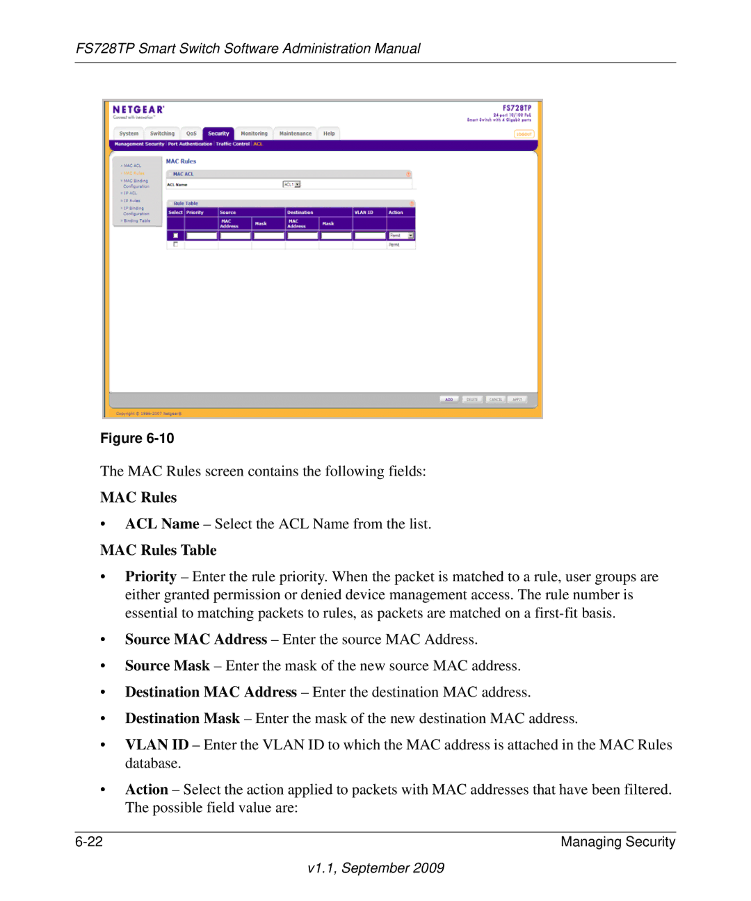 NETGEAR FS728TP manual MAC Rules Table 