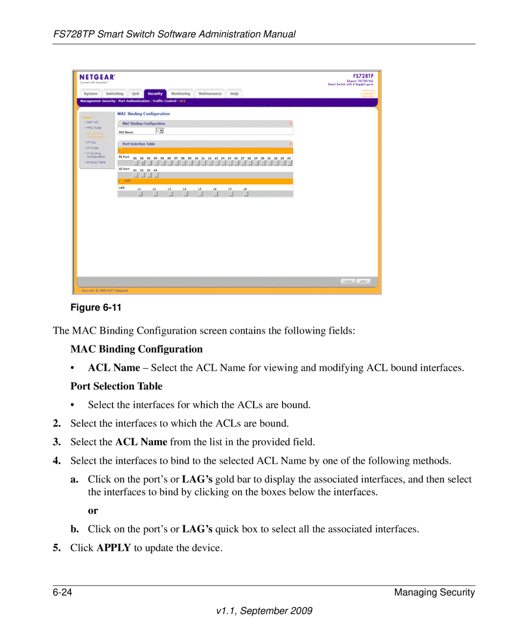 NETGEAR FS728TP manual MAC Binding Configuration, Port Selection Table 