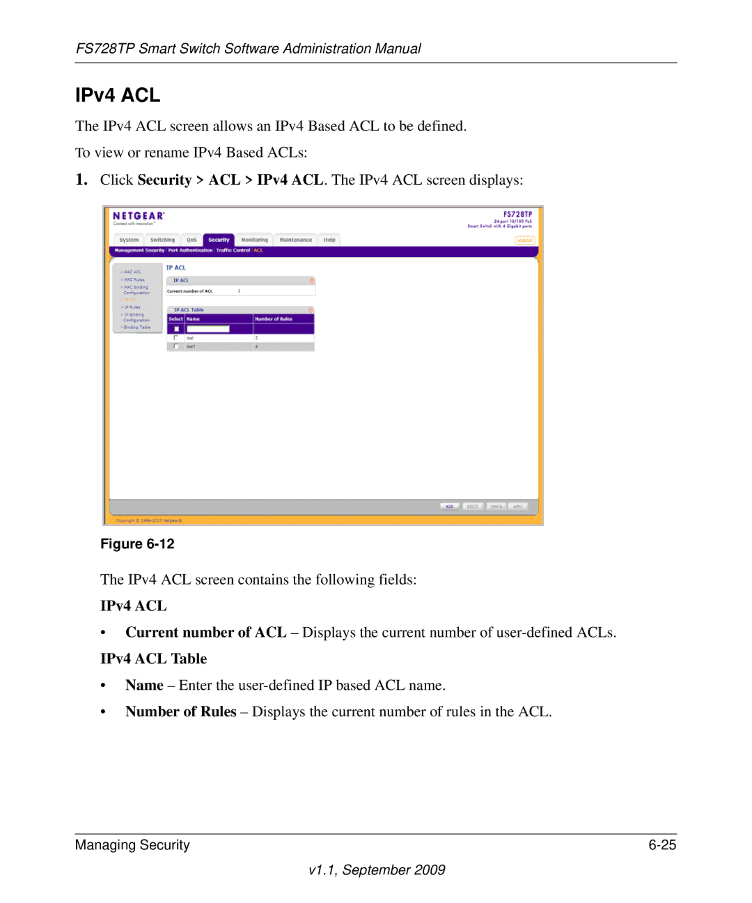 NETGEAR FS728TP manual IPv4 ACL Table 