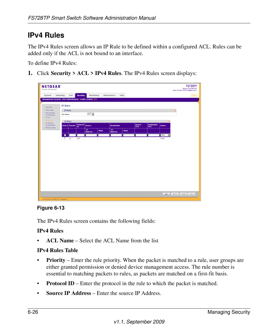 NETGEAR FS728TP manual IPv4 Rules Table 