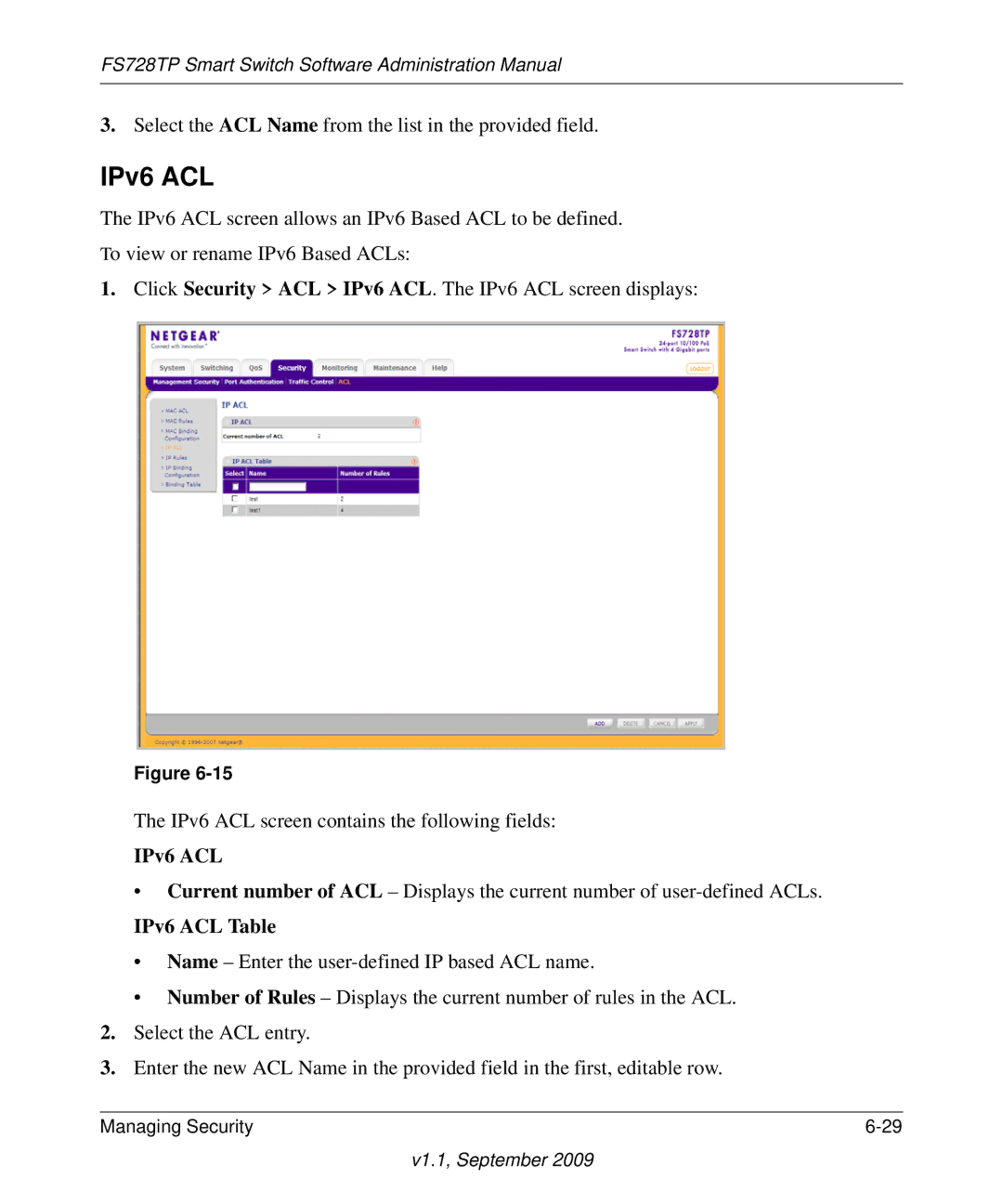 NETGEAR FS728TP manual IPv6 ACL Table 