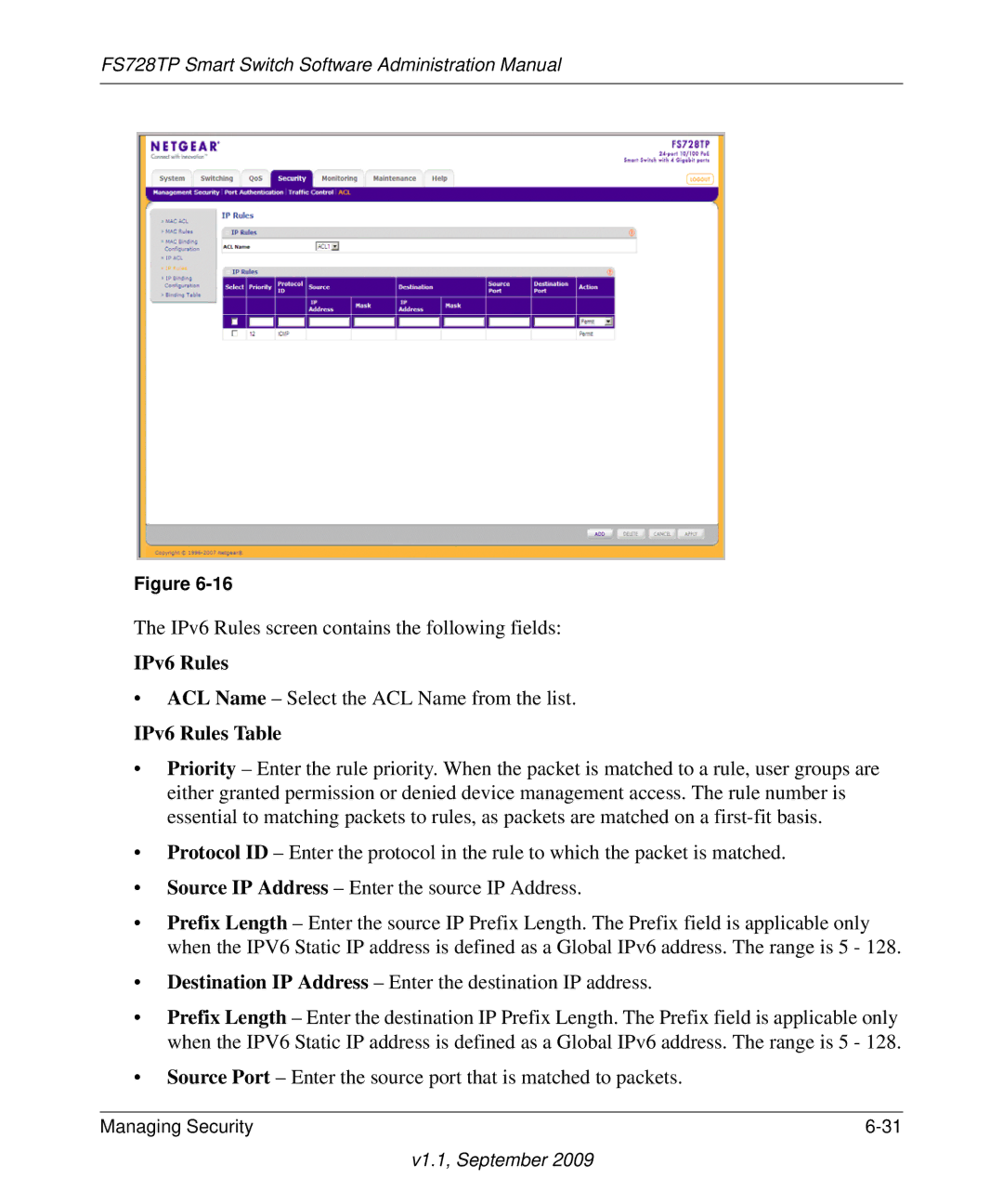 NETGEAR FS728TP manual IPv6 Rules Table 