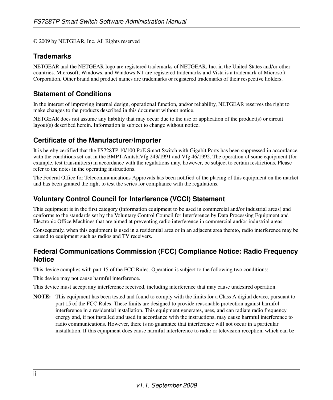 NETGEAR FS728TP manual Trademarks, Statement of Conditions, Certificate of the Manufacturer/Importer 