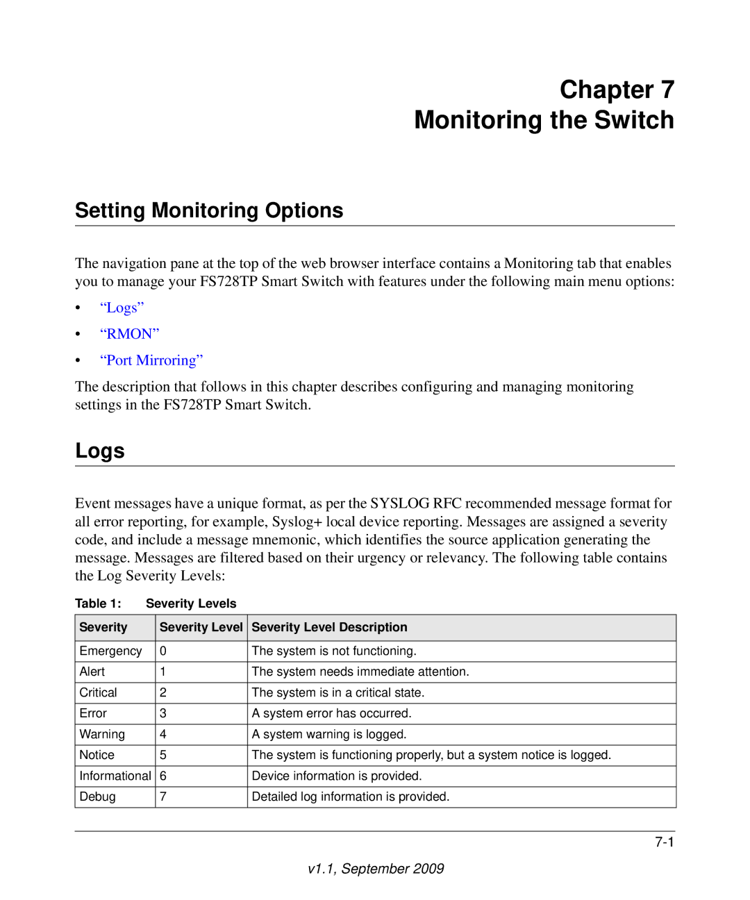 NETGEAR FS728TP manual Setting Monitoring Options, Logs 