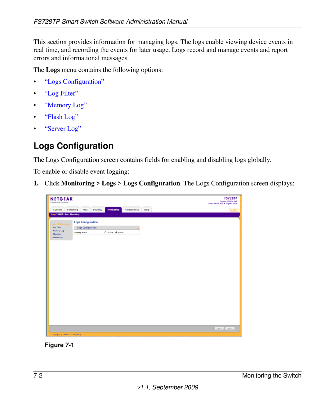 NETGEAR FS728TP manual Logs Configuration 