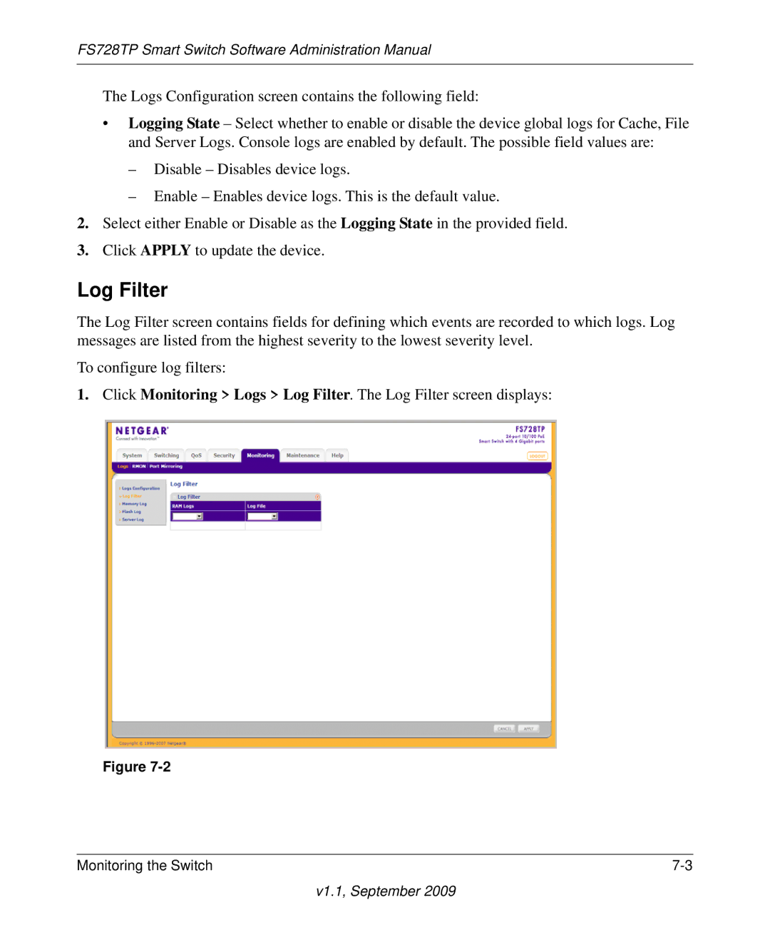 NETGEAR FS728TP manual Log Filter 