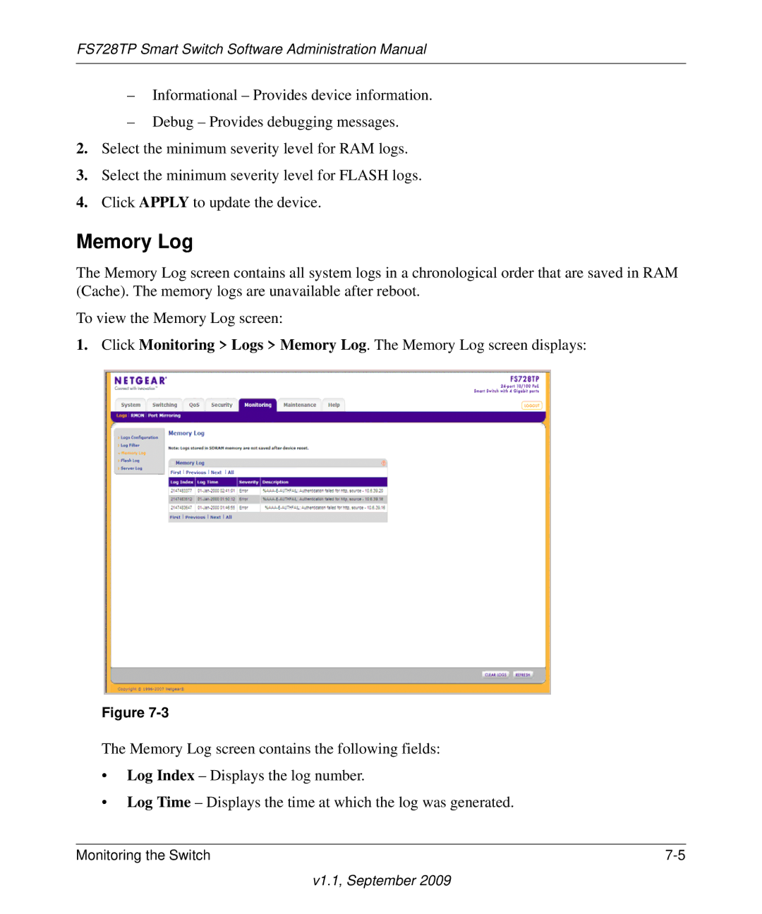 NETGEAR FS728TP manual Memory Log 