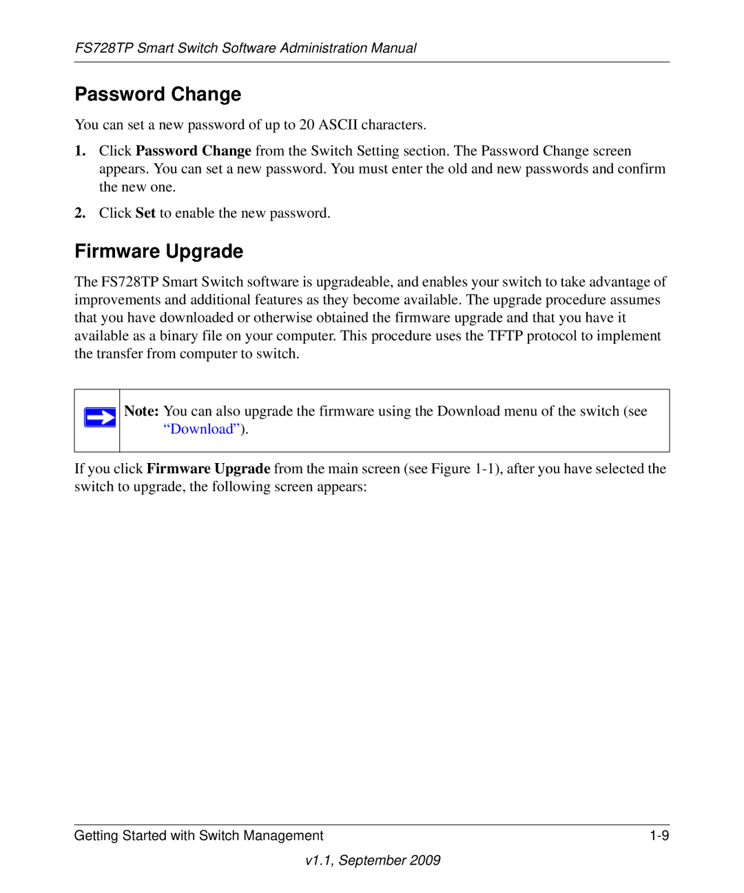 NETGEAR FS728TP manual Password Change, Firmware Upgrade 