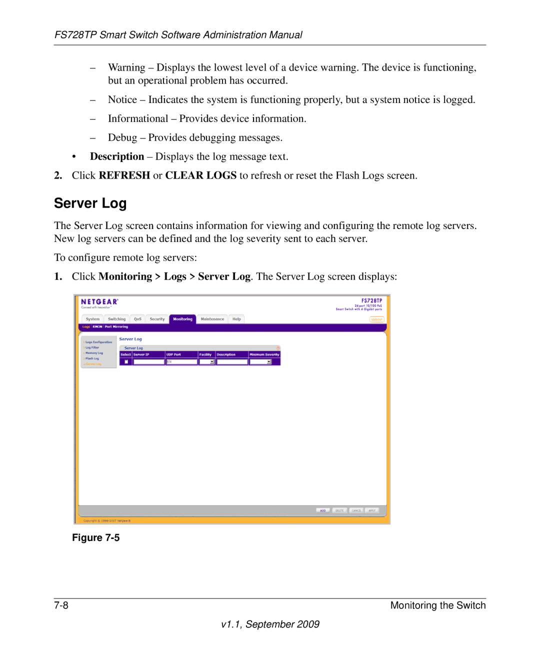 NETGEAR FS728TP manual Server Log 