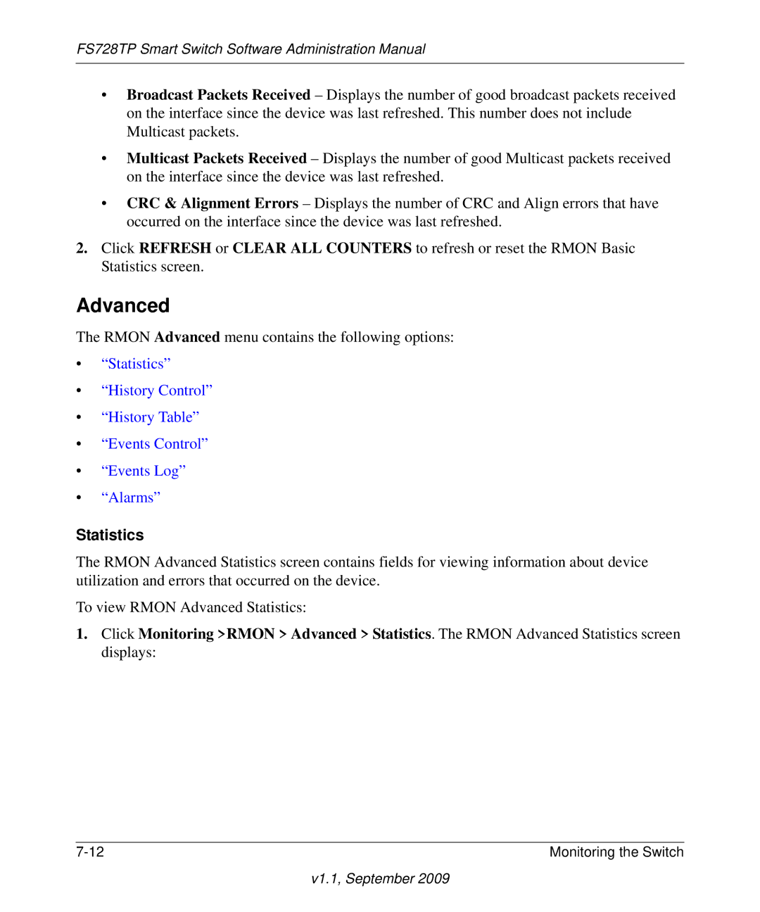 NETGEAR FS728TP manual Rmon Advanced menu contains the following options 