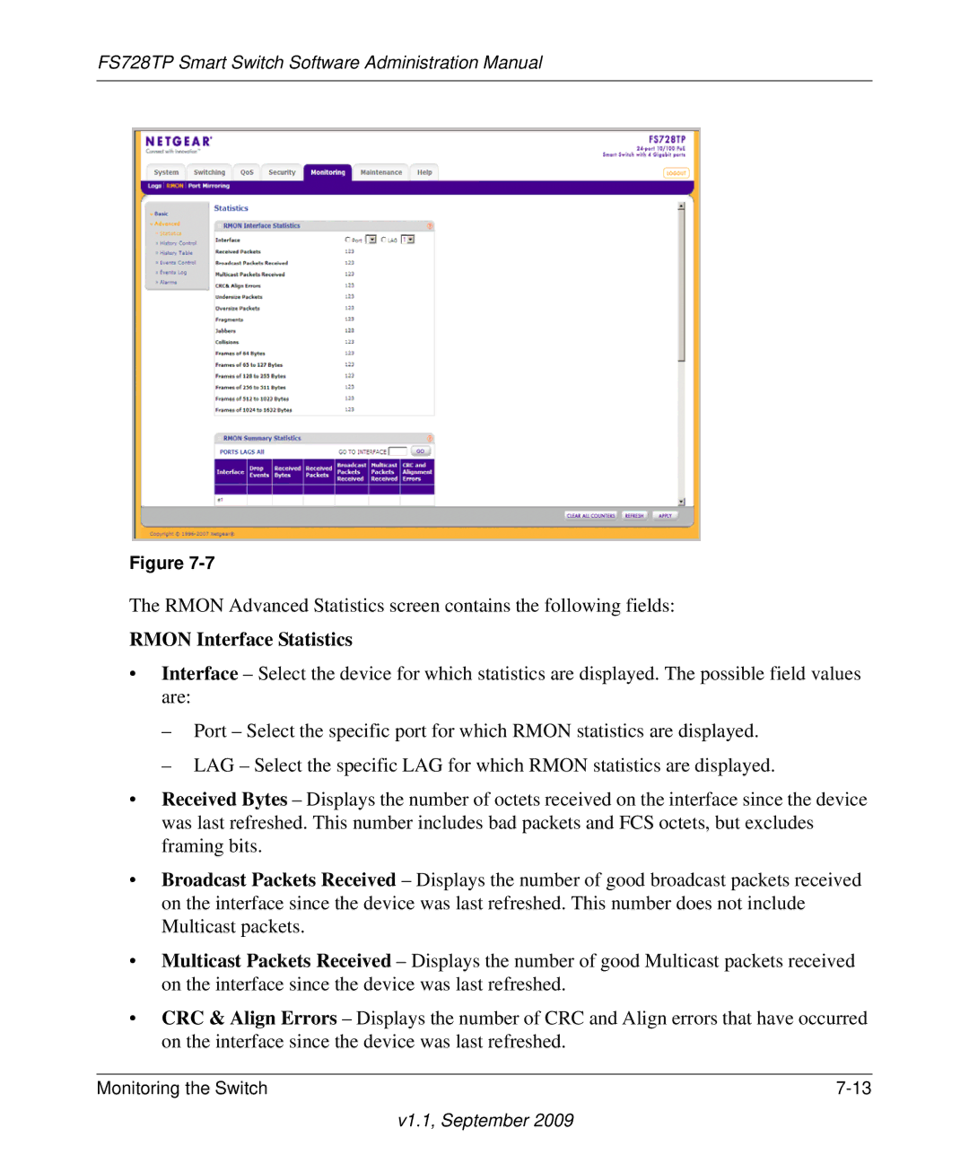 NETGEAR FS728TP manual Rmon Interface Statistics 