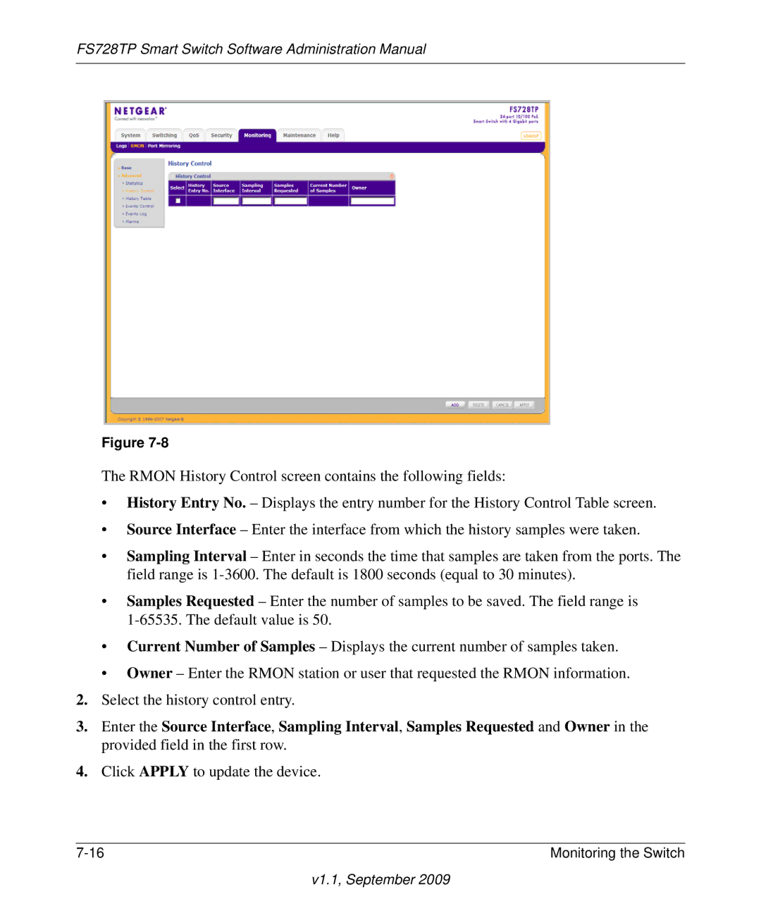 NETGEAR FS728TP manual Click Apply to update the device 