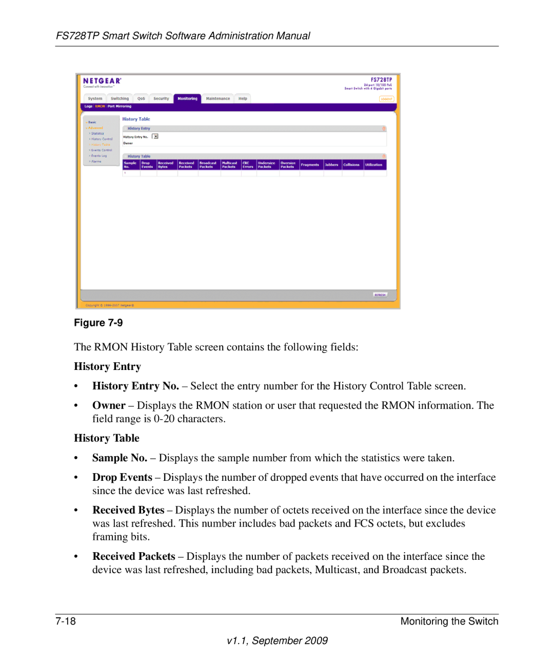 NETGEAR FS728TP manual History Entry, History Table 