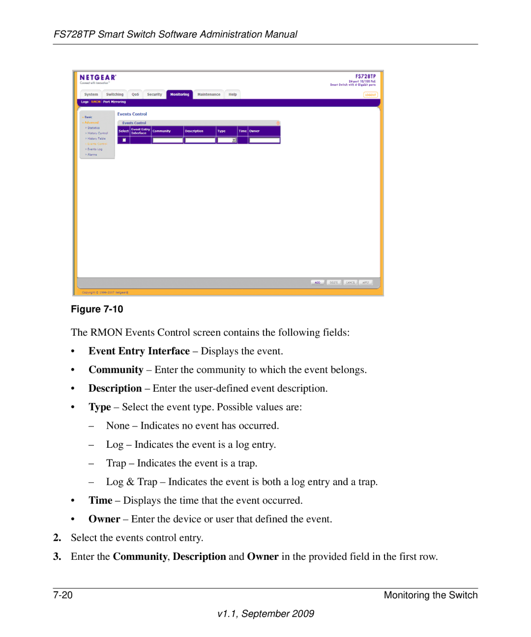 NETGEAR FS728TP manual Event Entry Interface Displays the event 