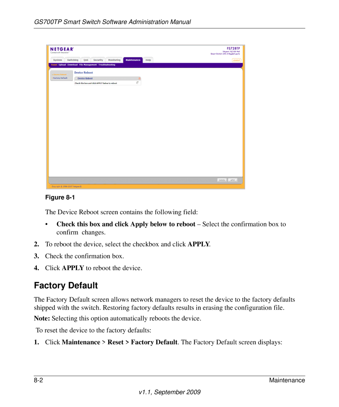 NETGEAR FS728TP manual Factory Default 