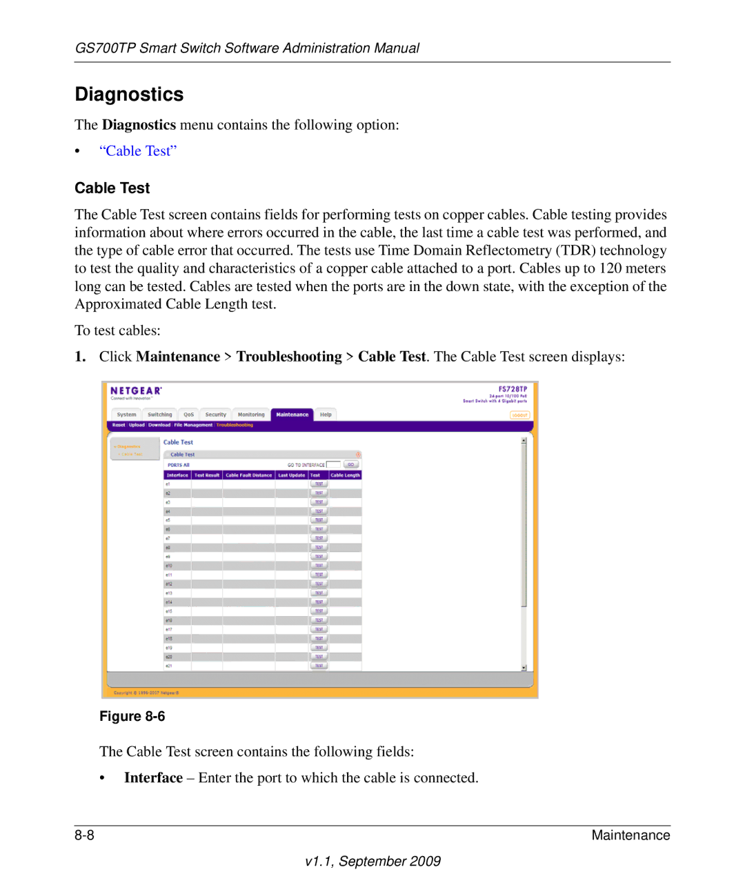 NETGEAR FS728TP manual Diagnostics, Cable Test 