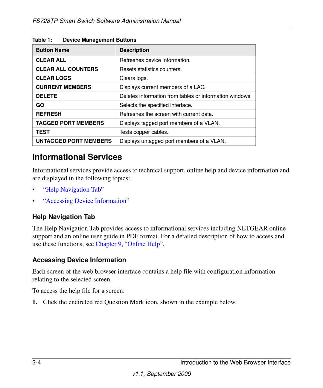 NETGEAR FS728TP manual Informational Services, Help Navigation Tab Accessing Device Information 