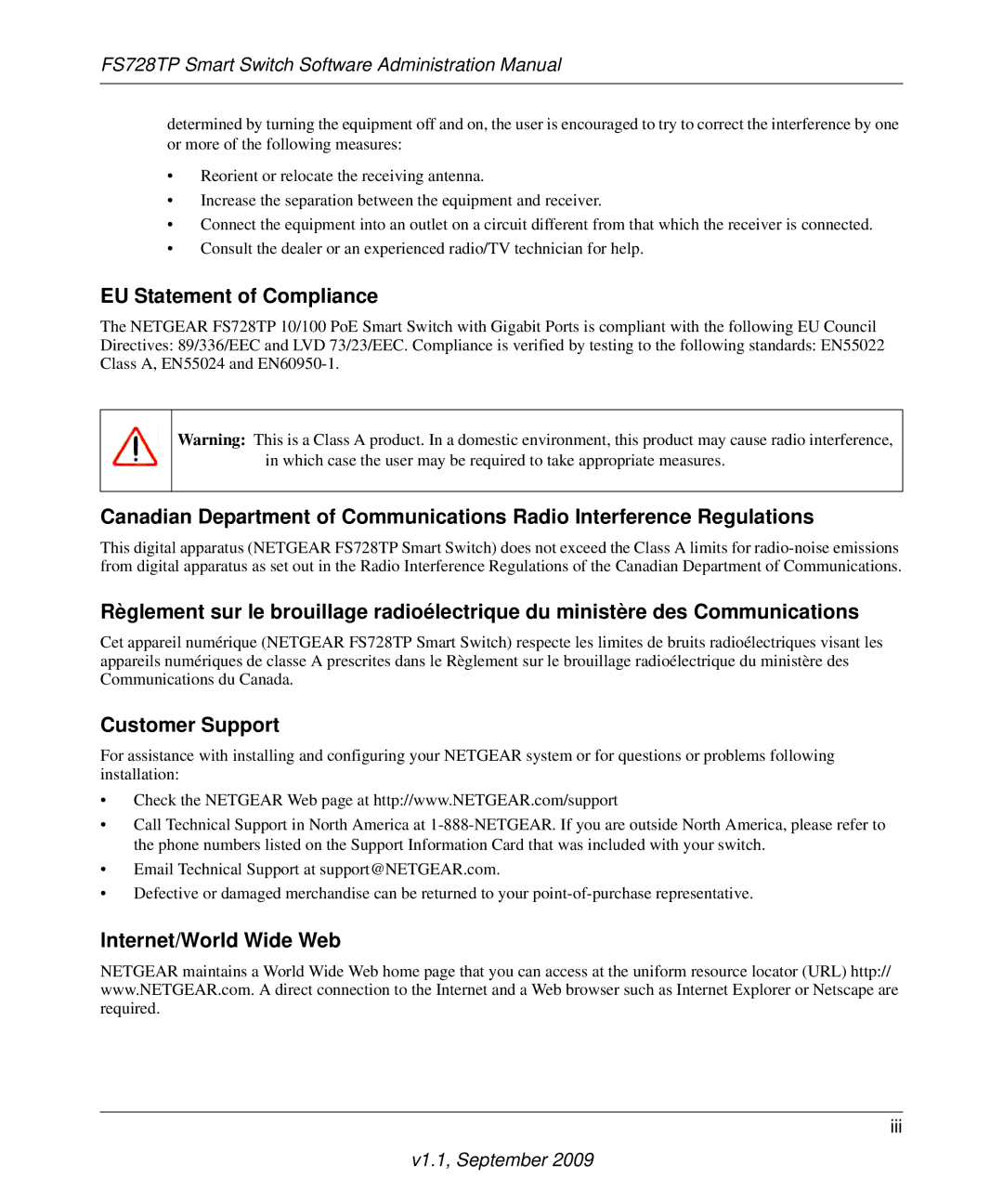 NETGEAR FS728TP manual EU Statement of Compliance, Customer Support, Internet/World Wide Web 