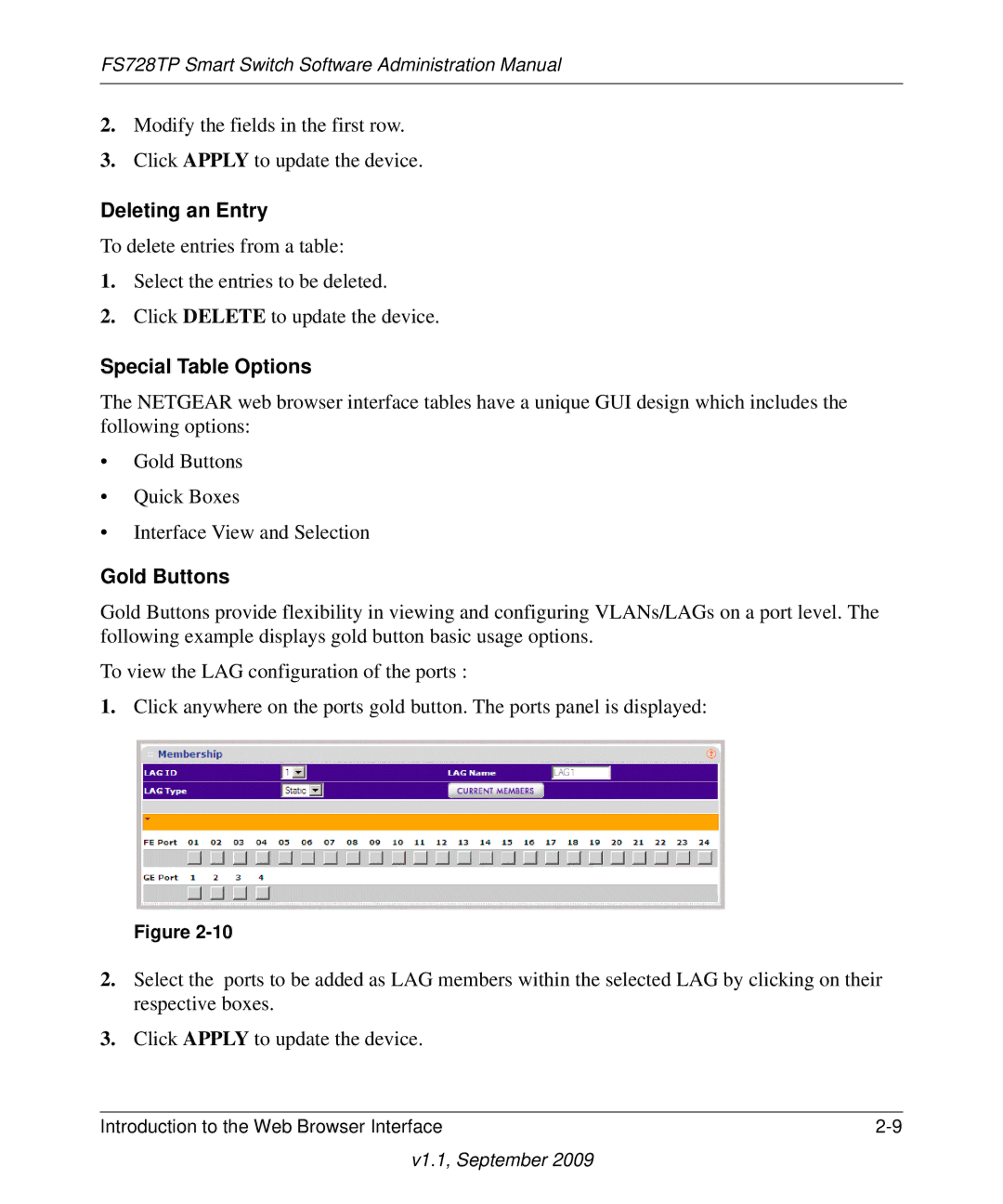 NETGEAR FS728TP manual Deleting an Entry, Special Table Options, Gold Buttons 