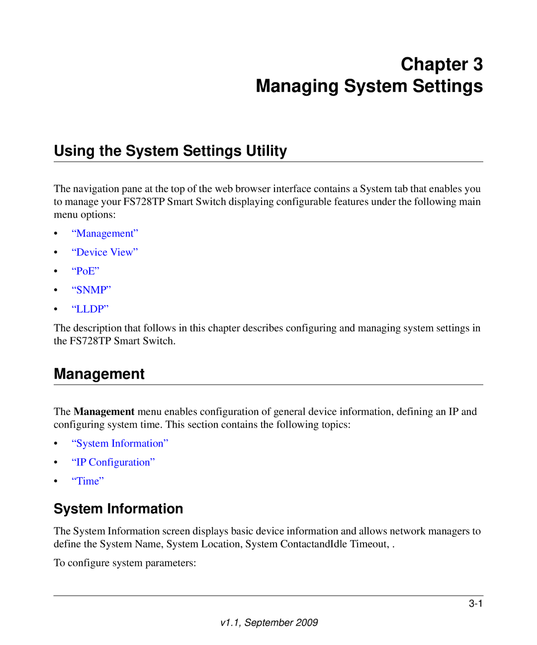 NETGEAR FS728TP manual Using the System Settings Utility, Management, System Information 