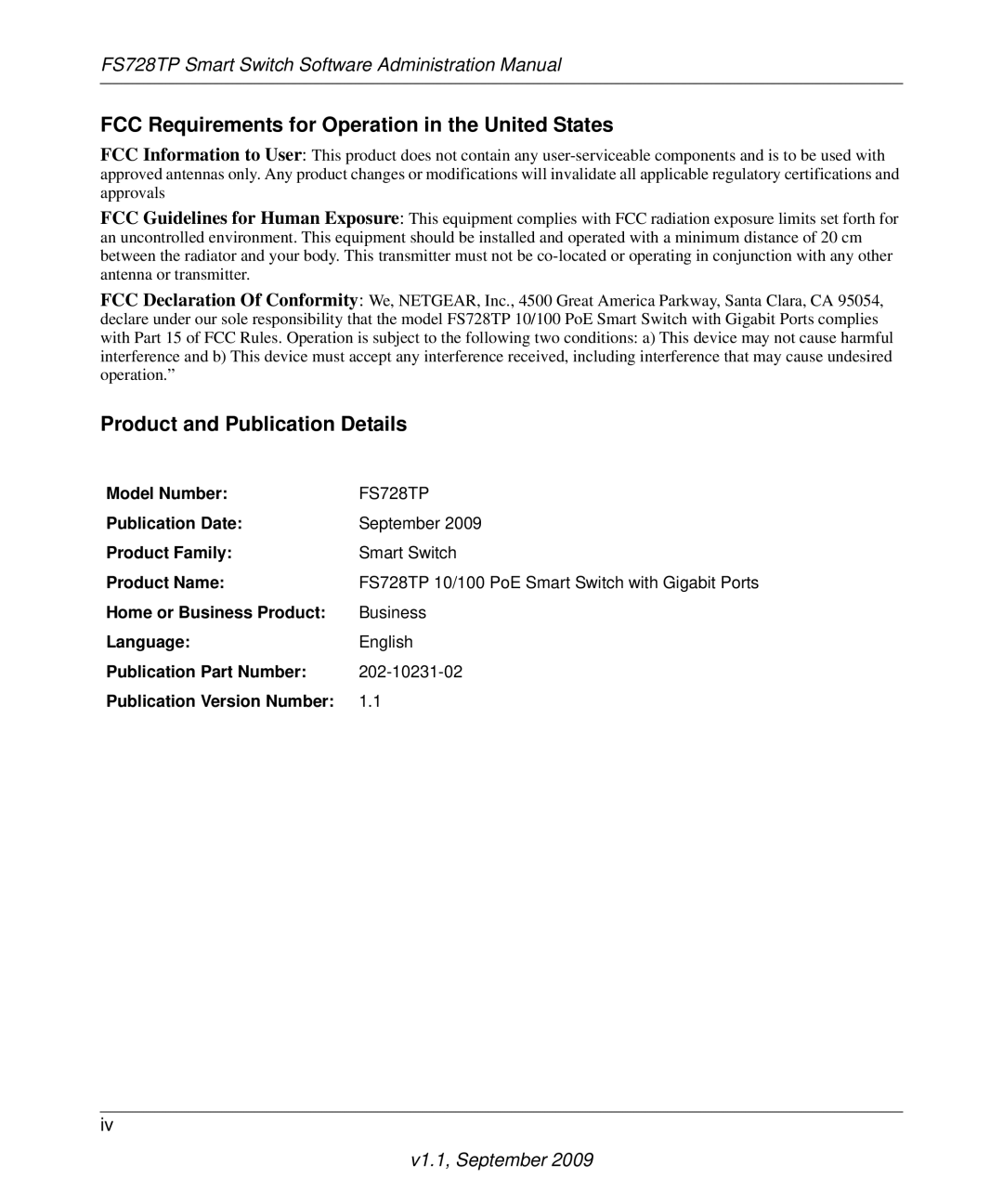 NETGEAR FS728TP manual FCC Requirements for Operation in the United States, Product and Publication Details 