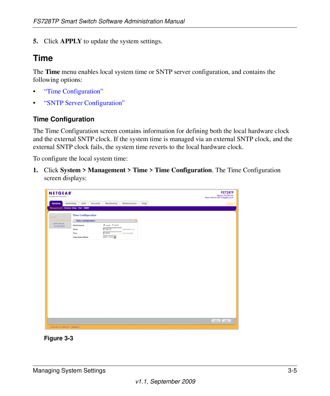 NETGEAR FS728TP manual Time Configuration 