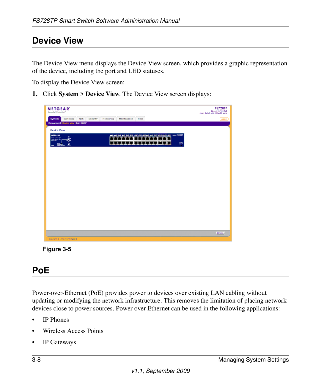 NETGEAR FS728TP manual Device View, PoE 