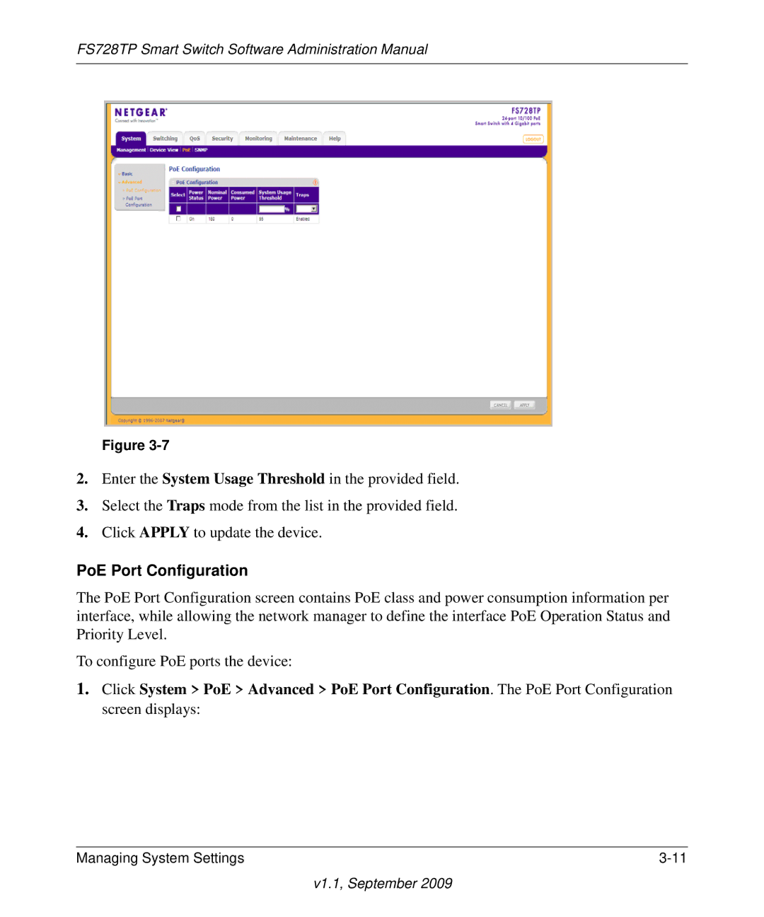 NETGEAR FS728TP manual PoE Port Configuration 