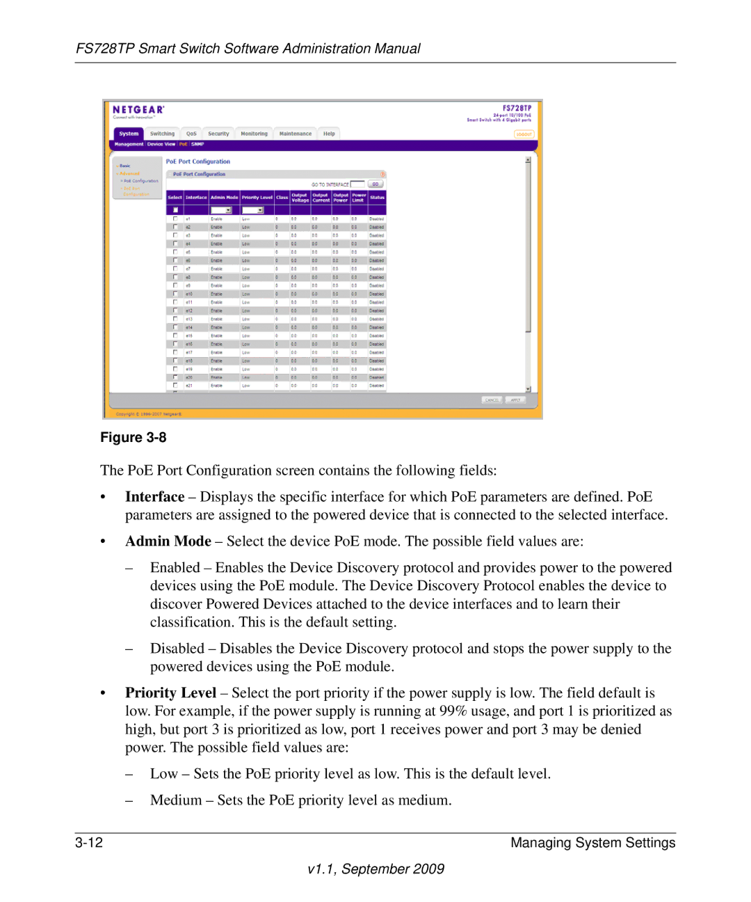 NETGEAR FS728TP manual PoE Port Configuration screen contains the following fields 