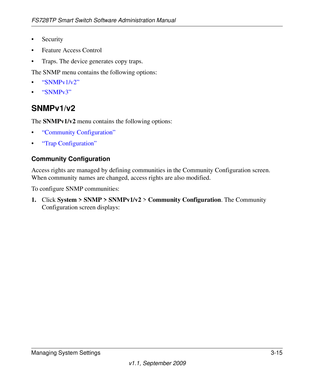 NETGEAR FS728TP manual SNMPv1/v2, Community Configuration 